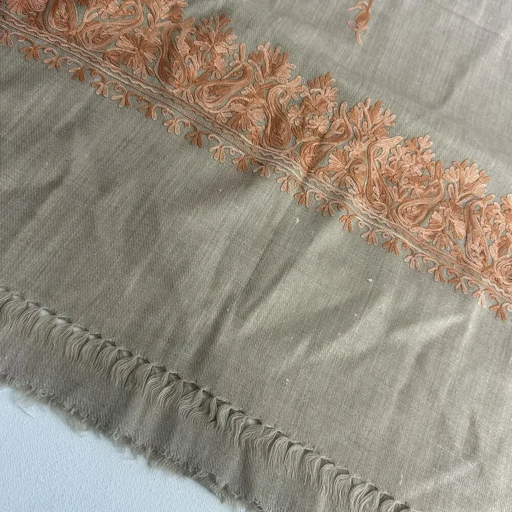 kashmir beige silk embroidered shawl wrap Damage 26 X 76 In